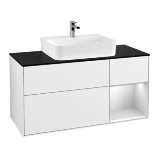 V&B Meuble sous lavabo Finion 120 cm, éclairage mural, laqué blanc brillant