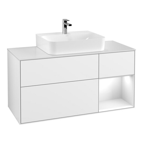 V&B Meuble sous-lavabo Finion 120 cm, éclairage mural, laque blanc brillant