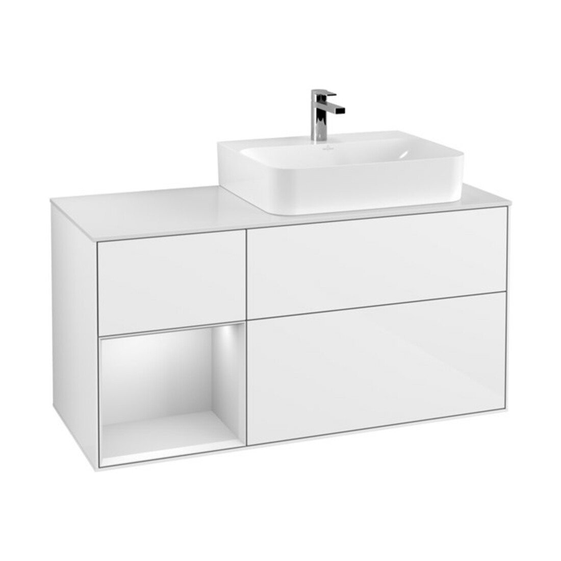 V&B Meuble sous lavabo Finion 120 cm, éclairage mural, laqué blanc brillant