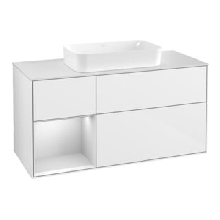V&B Meuble sous lavabo Finion 120 cm, éclairage mural, laqué blanc brillant
