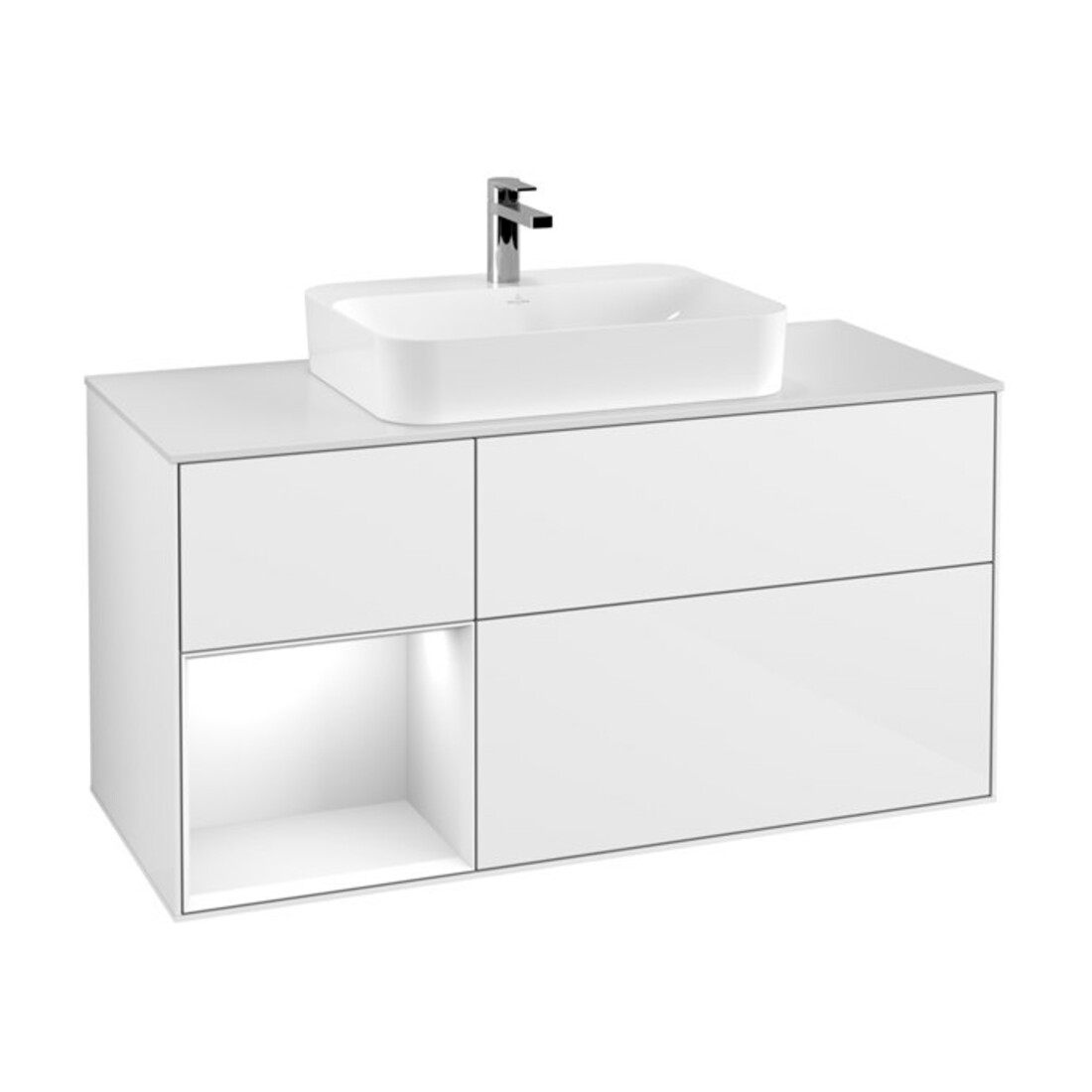 V&B Meuble sous lavabo Finion 120 cm, éclairage mural, laqué blanc brillant