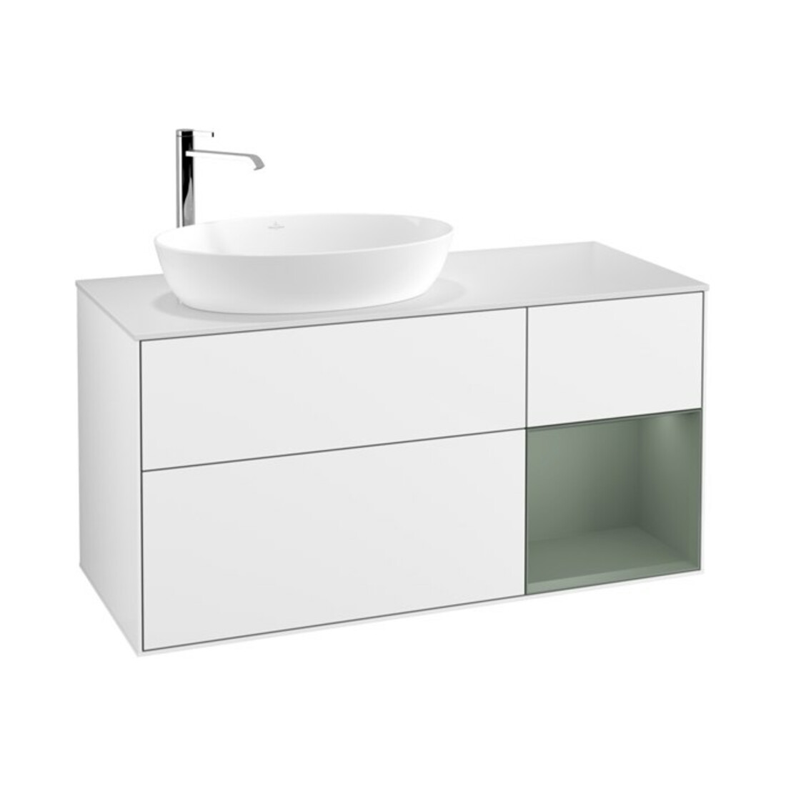 V&B Meuble sous lavabo Finion 120 cm, éclairage mural, laqué blanc brillant