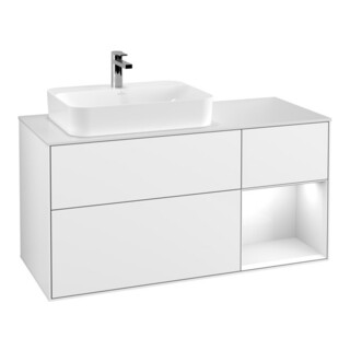 V&B Meuble sous lavabo Finion 120 cm, éclairage mural, laque blanc brillant