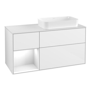 V&B Meuble sous lavabo Finion 120 cm, éclairage mural, laqué blanc brillant