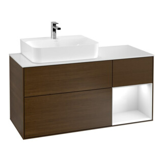 V&B Meuble sous lavabo Finion 120 cm, éclairage mural, laqué blanc brillant, chêne naturel