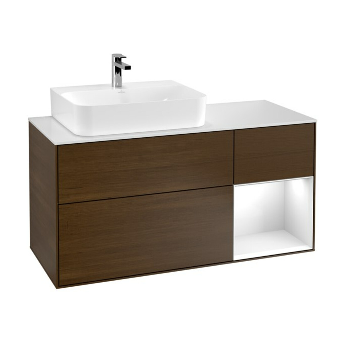 V&B Meuble sous lavabo Finion 120 cm, éclairage mural, laqué blanc brillant, chêne naturel