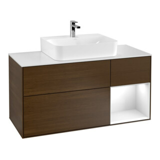 V&B Meuble sous lavabo Finion 120 cm, éclairage mural, laqué blanc brillant, placage noyer