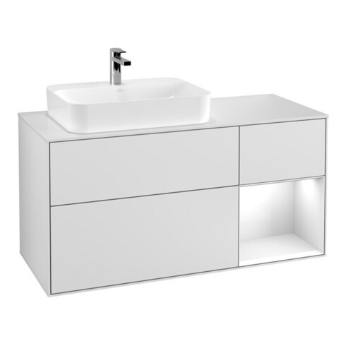 V&B Meuble sous lavabo Finion 120 cm, éclairage mural, laqué blanc mat