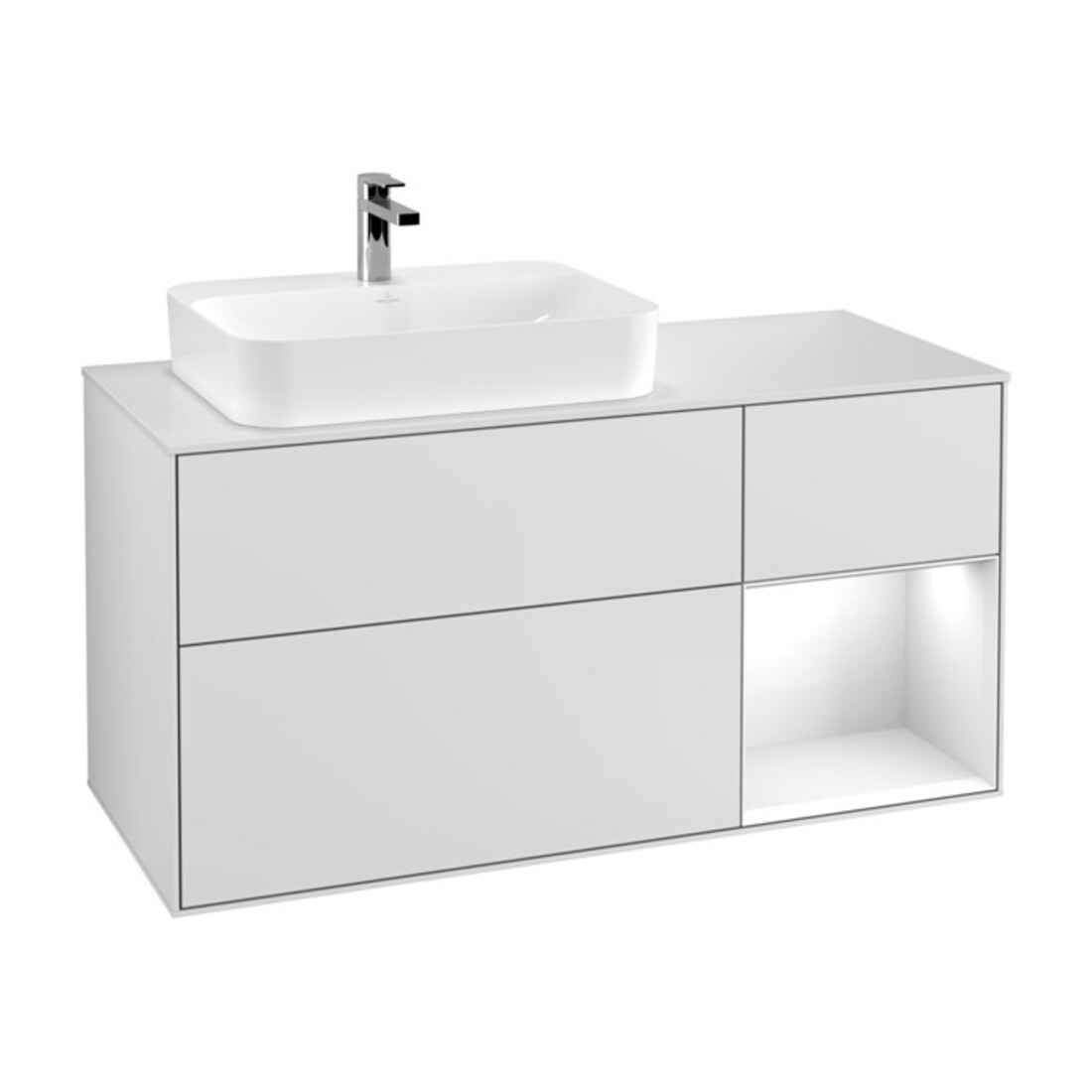 V&B Meuble sous lavabo Finion 120 cm, éclairage mural, laqué blanc mat