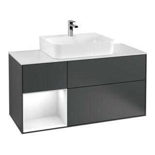 V&B Meuble sous lavabo Finion 120 cm, éclairage mural, laqué blanc mat, avec LED bleues