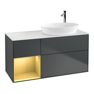 V&B Meuble sous lavabo Finion 120 cm, éclairage mural, laqué blanc mat, laqué gris mat, avec miroir blanc mat