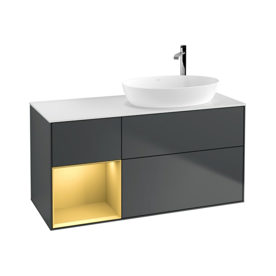 V&B Meuble sous lavabo Finion 120 cm, éclairage mural, laqué blanc mat, laqué gris mat, avec miroir blanc mat