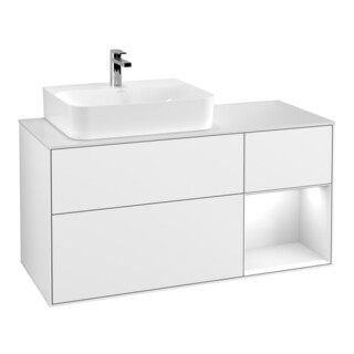 V&B Meuble sous lavabo Finion 120 cm, éclairage mural, laque blanche brillante