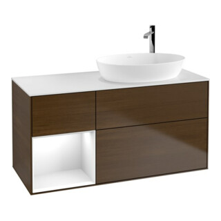 V&B Meuble sous lavabo Finion 120 cm, éclairage mural, laque blanche, noyer veneer