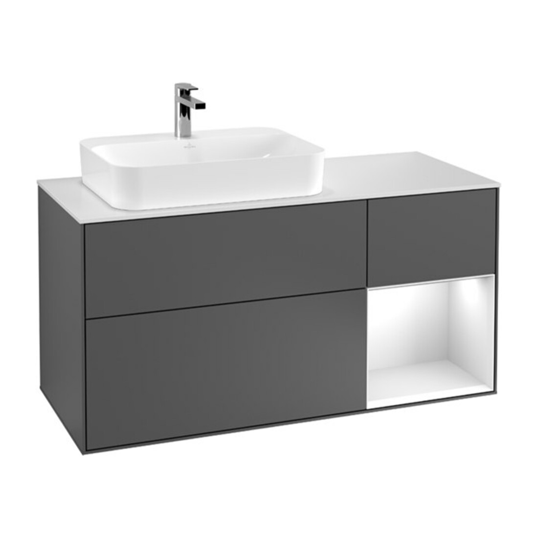V&B Meuble sous lavabo Finion 120 cm, éclairage mural, laque gris mat