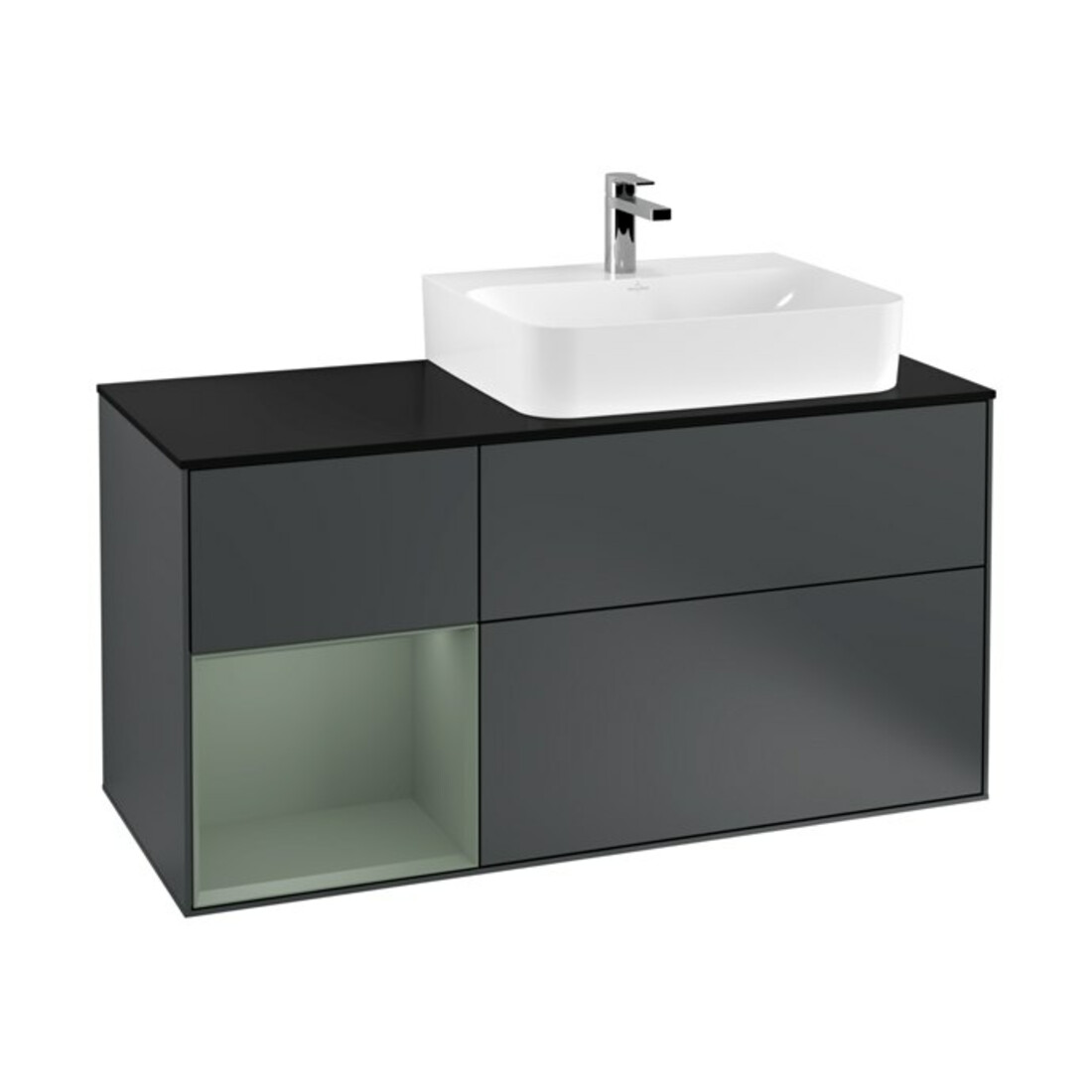 V&B Meuble sous lavabo Finion 120 cm, éclairage mural, Pl blanc mat, Rg laqué olivier mat, md blanc mat laqué