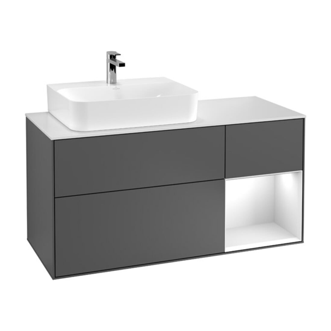 V&B Meuble sous lavabo Finion 120 cm, éclairage mural, pl w m, rég li gol m, si Gr m Lac