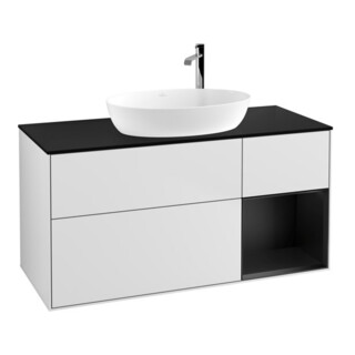 V&B Meuble sous lavabo Finion 120 cm, éclairage mural, placage blanc laqué, blanc laqué