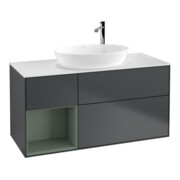 V&B Meuble sous lavabo Finion 120 cm, éclairage mural, placage blanc mat, façade olivier mat laqué, avec poignée laquée bleue
