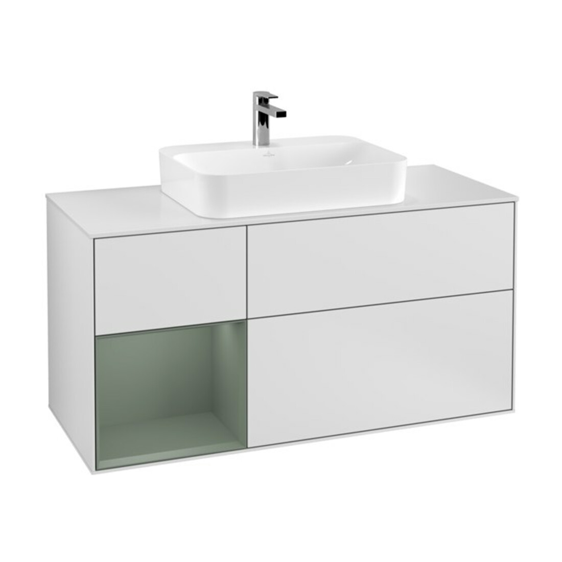 V&B Meuble sous lavabo Finion 120 cm, éclairage mural, placage blanc mat, laqué blanc