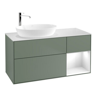V&B Meuble sous-lavabo Finion 120 cm, éclairage mural, placage blanc mat, laque gris chaud, olivier mat laqué