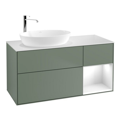 V&B Meuble sous-lavabo Finion 120 cm, éclairage mural, placage blanc mat, laque gris chaud, olivier mat laqué