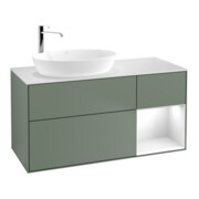 V&B Meuble sous-lavabo Finion 120 cm, éclairage mural, placage blanc mat, laque gris chaud, olivier mat laqué