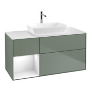 V&B Meuble sous lavabo Finion 120 cm, éclairage mural, placage blanc mat, laque gris clair, huile mat laque