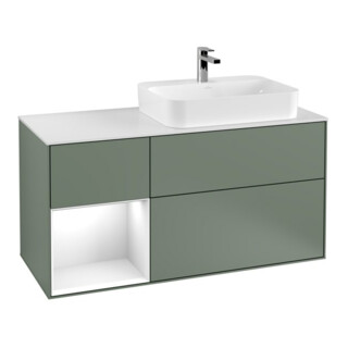 V&B Meuble sous lavabo Finion 120 cm, éclairage mural, placage blanc mat, laque gris clair, huile mate laque
