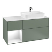 V&B Meuble sous lavabo Finion 120 cm, éclairage mural, placage blanc mat, laque gris clair, huile mate laque