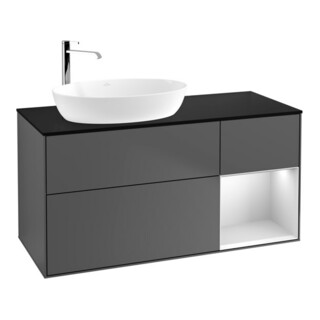V&B Meuble sous-lavabo Finion 120 cm, éclairage mural, placage blanc mat, réglette blanche, anthracite mat