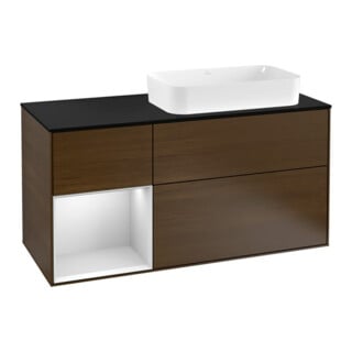V&B Meuble sous lavabo Finion 120 cm, éclairage mural, placage blanc mat, tiroir gauche blanc, avec laque, noyer veneer