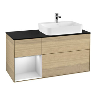 V&B Meuble sous lavabo Finion 120 cm, éclairage mural, placage blanc, porte gauche, blanc mat, avec laque, ouverture à pression