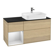 V&B Meuble sous lavabo Finion 120 cm, éclairage mural, placage blanc, porte gauche, blanc mat, avec laque, ouverture à pression