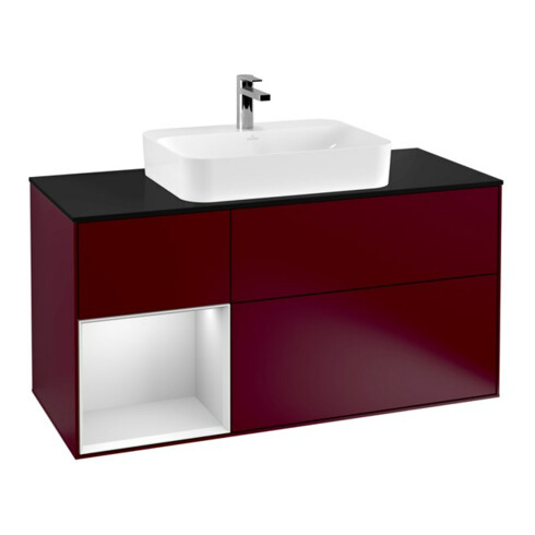 V&B Meuble sous lavabo Finion 120 cm, éclairage mural, placage bleu, étagère gauche, blanc mat, poignée métal