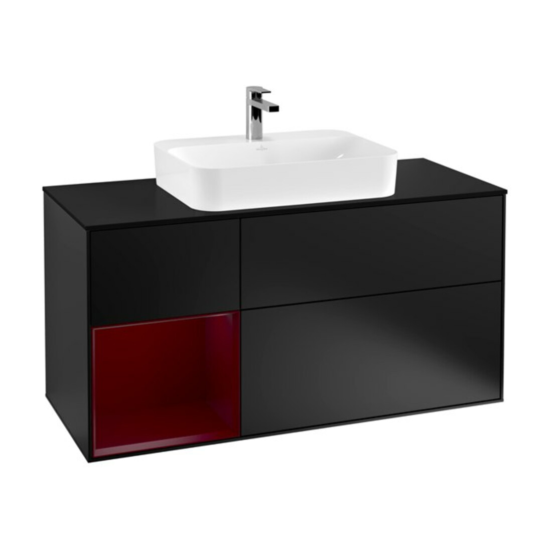 V&B Meuble sous lavabo Finion 120 cm, éclairage mural, placage bleu, étagère gauche, bleu laqué