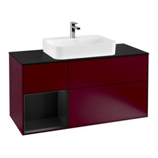 V&B Meuble sous-lavabo Finion 120 cm, éclairage mural, placage bleu, étagère gauche bleue, poignée métal