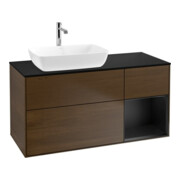 V&B Meuble sous lavabo Finion 120 cm, éclairage mural, placage bleu, réglette bleue, noyer veneer