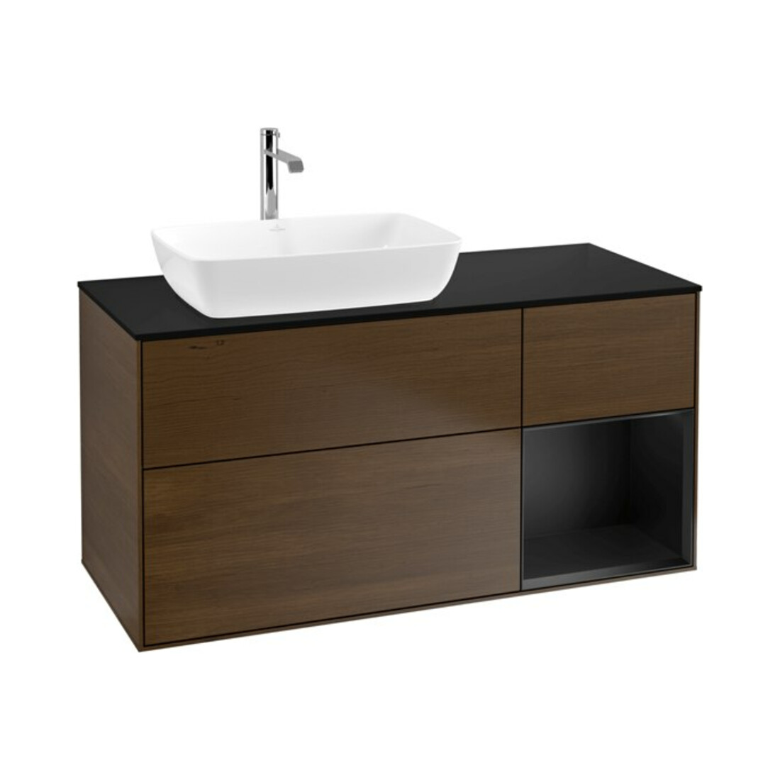 V&B Meuble sous lavabo Finion 120 cm, éclairage mural, placage bleu, réglette bleue, noyer veneer
