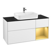 V&B Meuble sous lavabo Finion 120 cm, éclairage mural, placage bois, blanc brillant