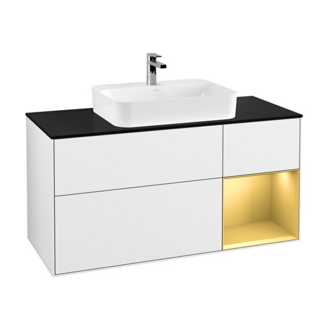 V&B Meuble sous lavabo Finion 120 cm, éclairage mural, placage bois, blanc brillant