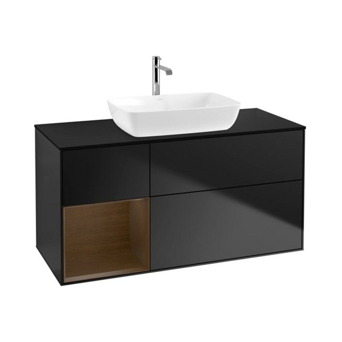 V&B Meuble sous lavabo Finion 120 cm, éclairage mural, placage bois bleu, tiroirs ven. bleus laqués