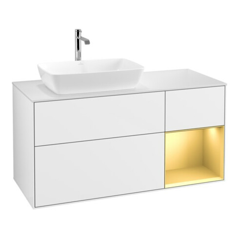 V&B Meuble sous lavabo Finion 120 cm, éclairage mural, placage bois chêne doré, laqué blanc brillant