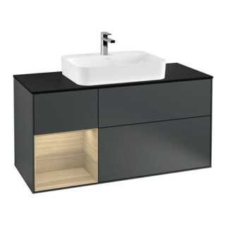 V&B Meuble sous lavabo Finion 120 cm, éclairage mural, placage bois, finition laquée bleu