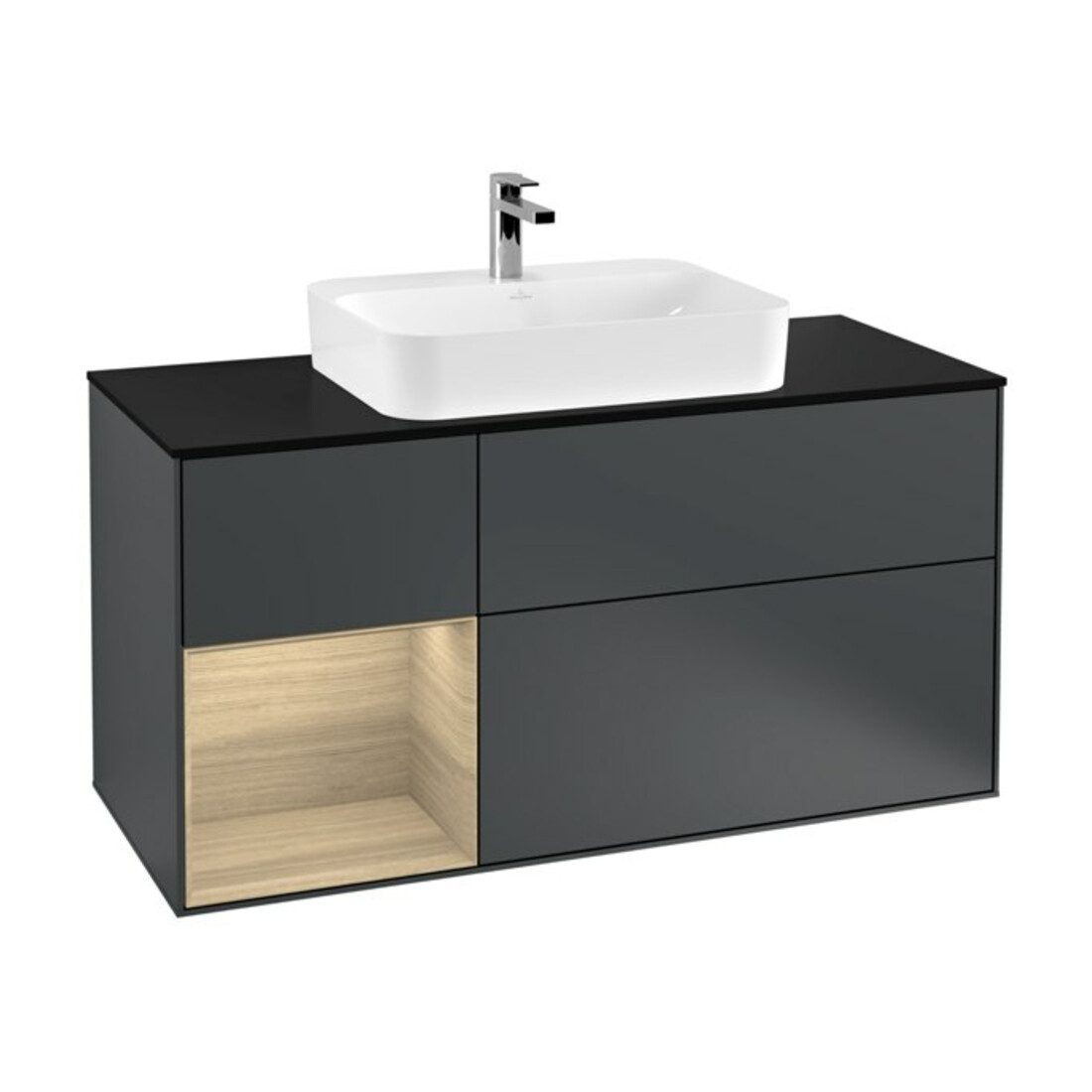 V&B Meuble sous lavabo Finion 120 cm, éclairage mural, placage bois, finition laquée bleu