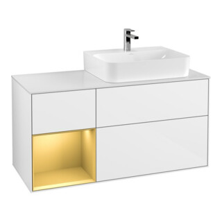 V&B Meuble sous-lavabo Finion 120 cm, éclairage mural, placage bois, gauche, blanc brillant, laqué