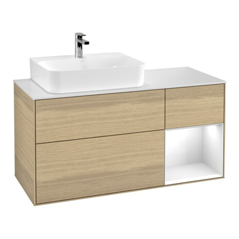 V&B Meuble sous lavabo Finion 120 cm, éclairage mural, placage bois, gauche, blanc brillant, laqué, ouverture automatique