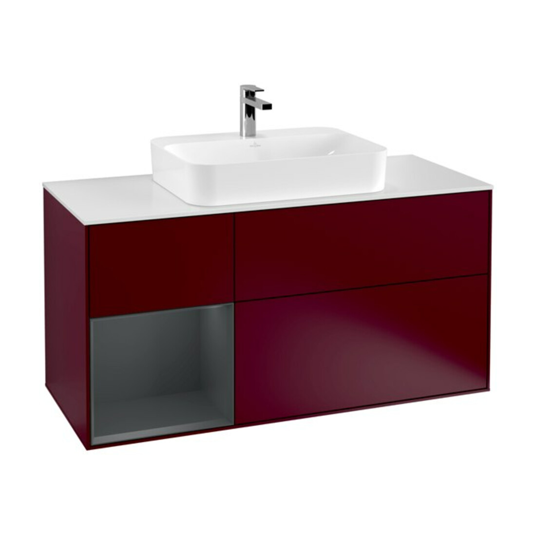V&B Meuble sous-lavabo Finion 120 cm, éclairage mural, placage bois, gauche, blanc mat, poignée métal