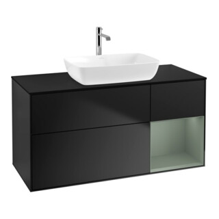 V&B Meuble sous lavabo Finion 120 cm, éclairage mural, placage bois, laqué bleu