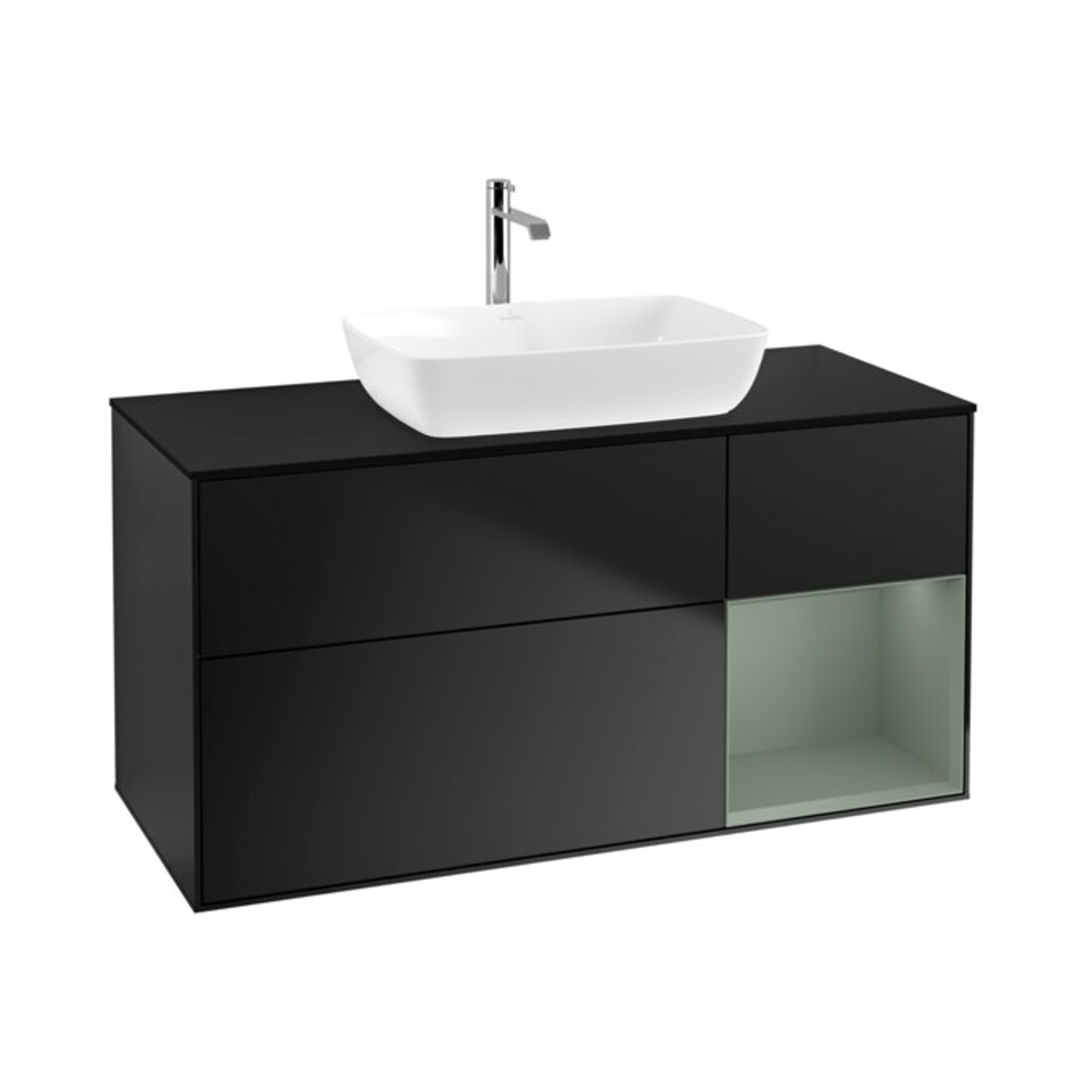 V&B Meuble sous lavabo Finion 120 cm, éclairage mural, placage bois, laqué bleu